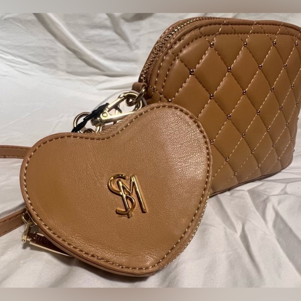 ✨NEW✨ Steve Madden Tan / Brown Quilted Crossbody Bag w/ Heart Charm Wallet - Picture 4 of 10